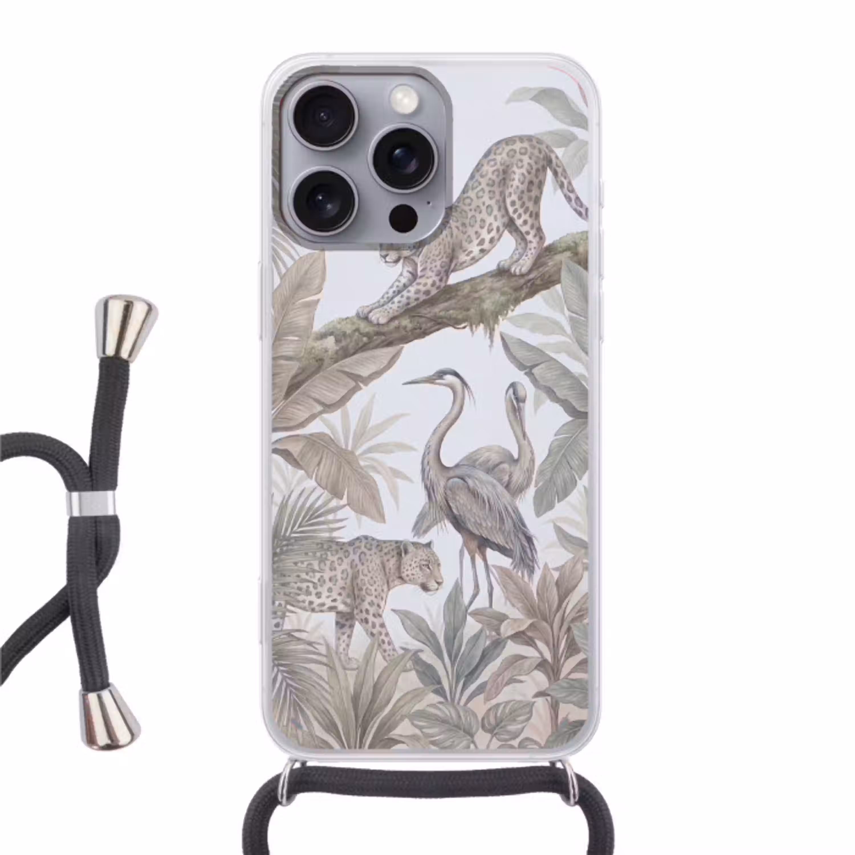 Kat - Vogel - Jungle - Illustratie - Dieren Hoesje iPhone 16 Pro Max met koord klein -3d