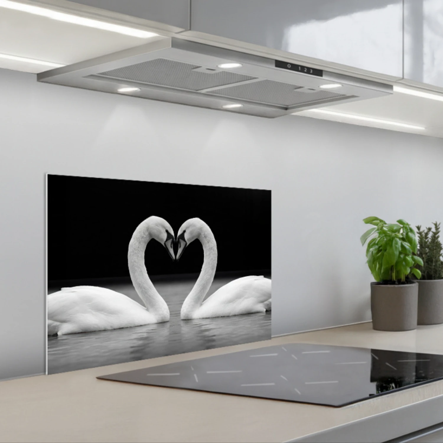 Zwanen - Hart - Zwart - Wit keuken achterwand spatscherm klein -3d_schuin