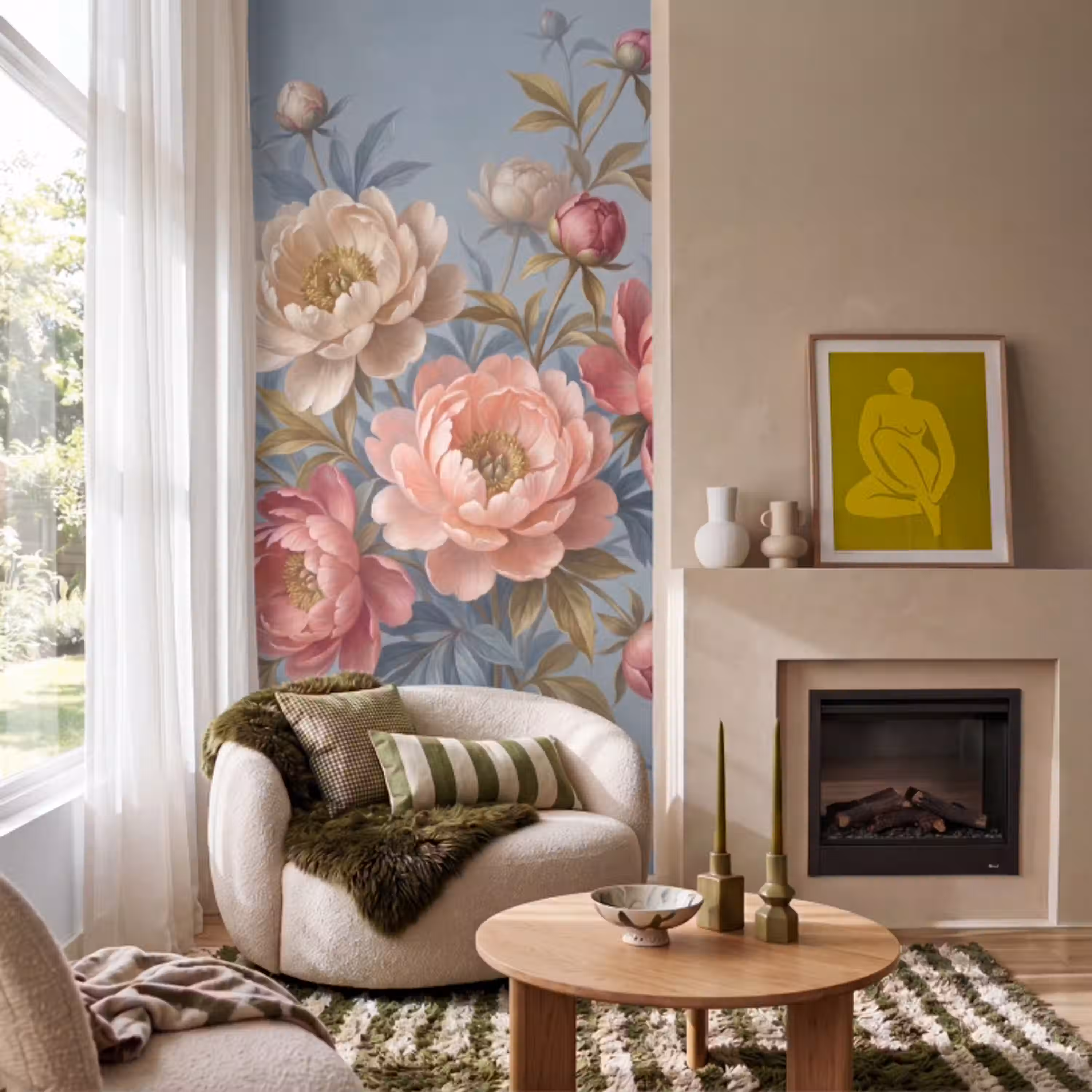 Bloemen - Roze - Beige - Modern - Natuur Behang Vlies klein -sfeer2