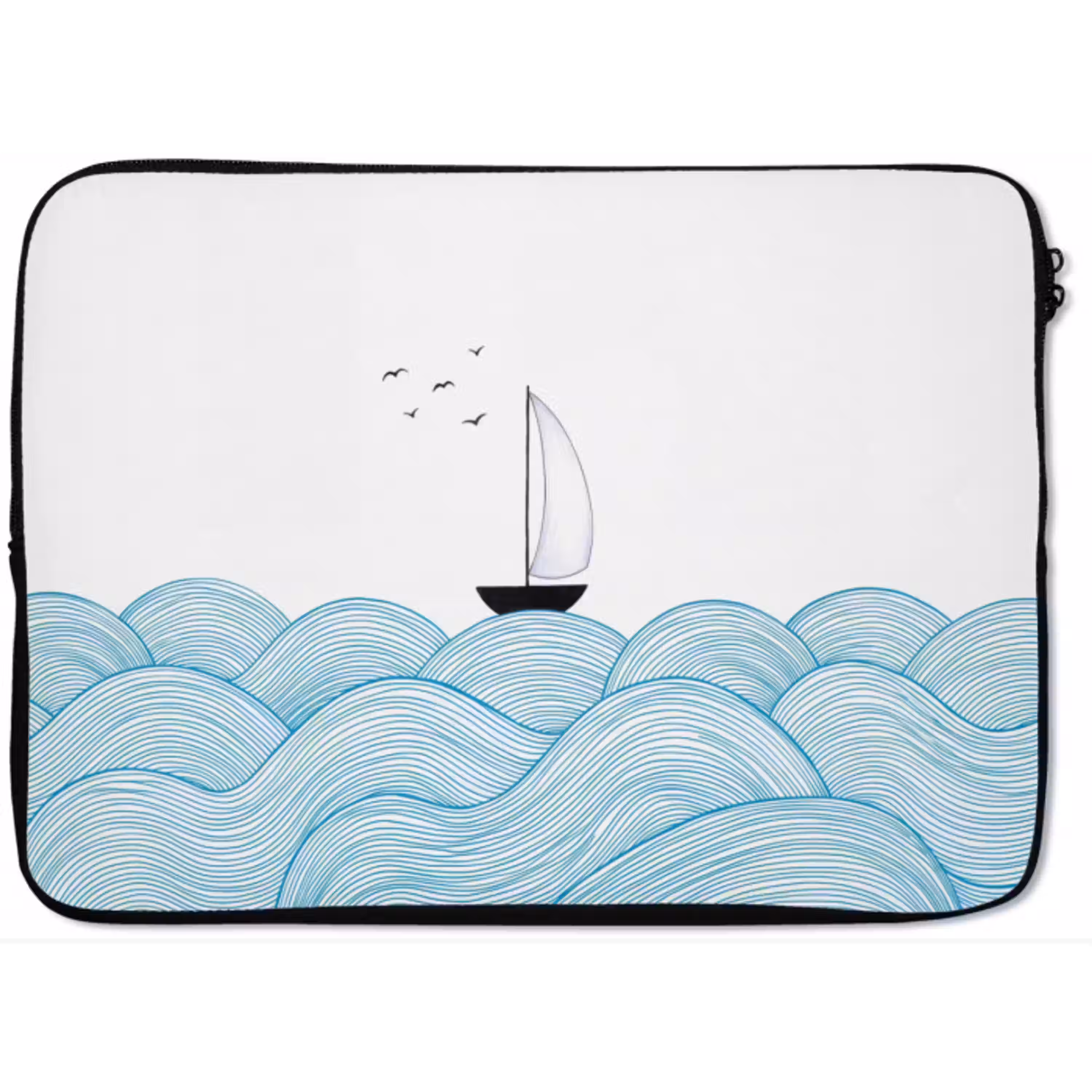 Zeilboot - Golven - Zee - Illustratie - Blauw laptophoes neopreen klein -zkaufland3dotto