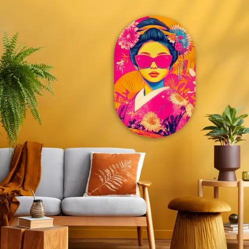 Vrouw - Zonnebril - Abstract - Oranje Wandcirkel Ovaal Glas middel -sfeer4