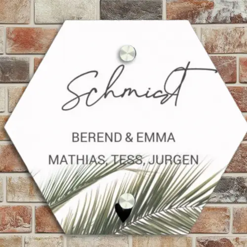 Wit met palmblad - Sierlijk Naambord Hexagon klein -sfeer2