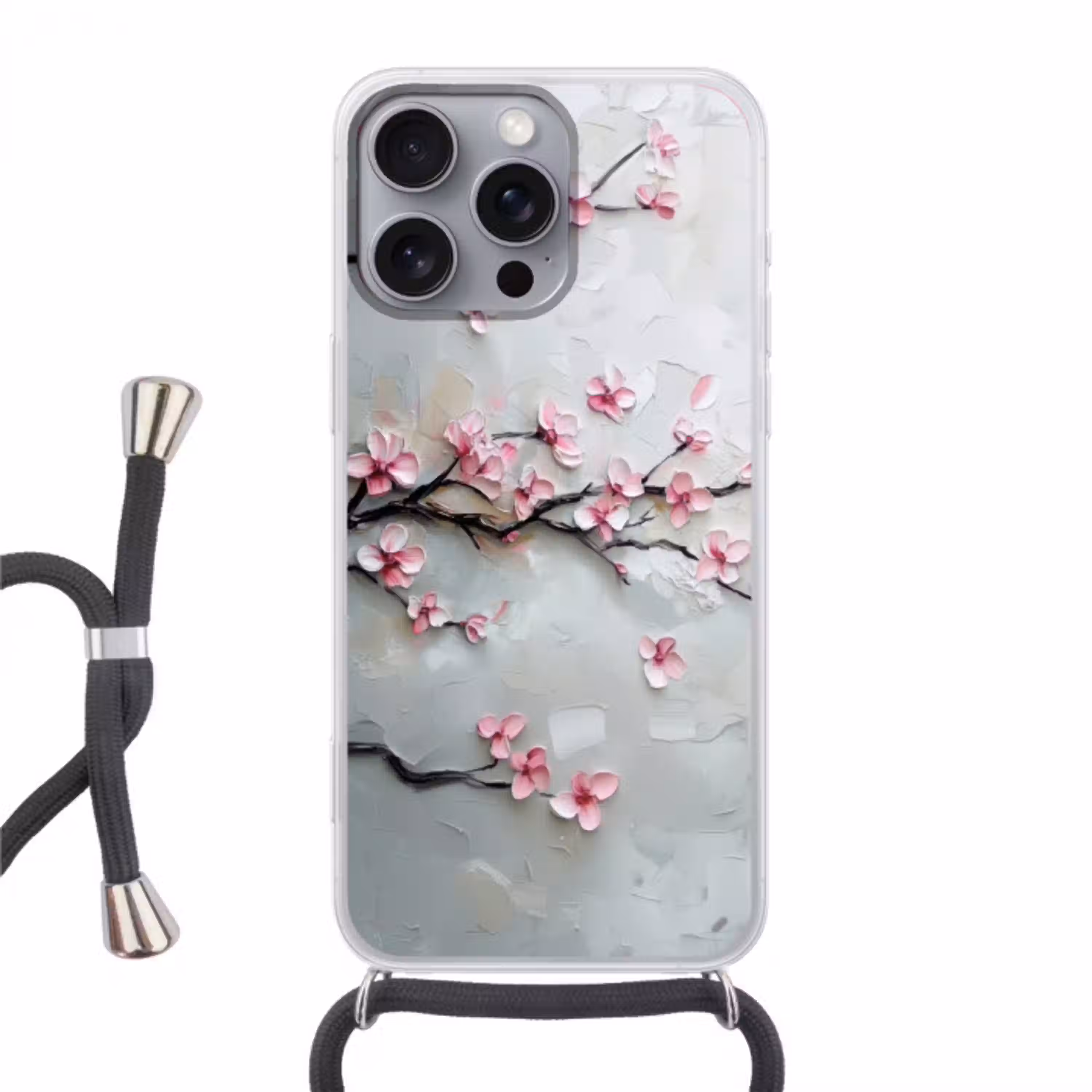 Bloesem - Kunstzinnig - Roze - Sakura Hoesje iPhone 16 Pro Max met koord klein -3d