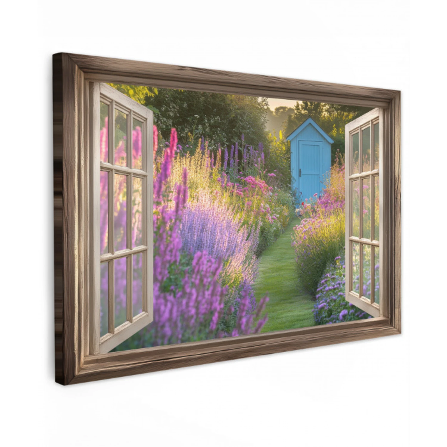 Doorkijk - Bloemen - Raam - Natuur Tuinposter op houten frame 2 cm dik klein -3d