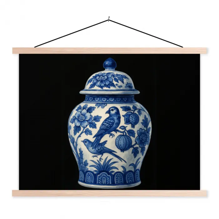 Pot - Delfts Blauw - Bloemen textielposter latten blank klein -3d