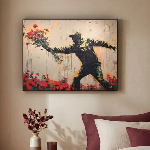 Street art - Man - Bloemen - Graffiti - Banksy Style Textielframe zwart klein -sfeer1