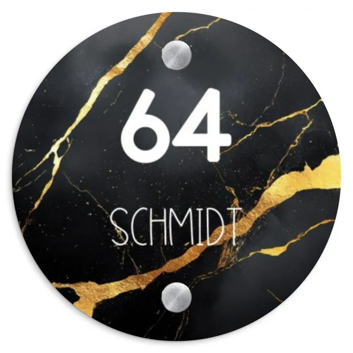 Goud zwart marmer - Modern Naambord Rond klein -3d