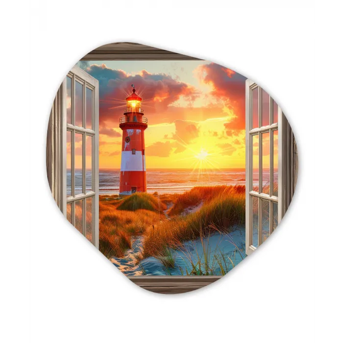 Doorkijk - Raam - Vuurtoren - Zonsondergang - Strand Wandcirkel Organisch Aluminium middel -3d
