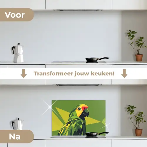 Papegaai - Groen - Snavel - Abstract keuken achterwand spatscherm klein -voor_na_NL