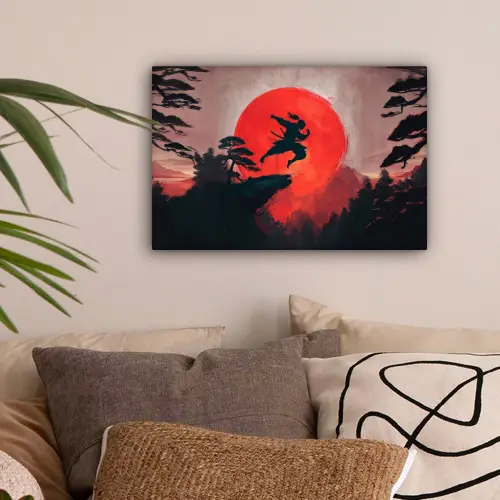 Zon - Krijger - Bomen - Bergen canvas 2cm klein -sfeer1