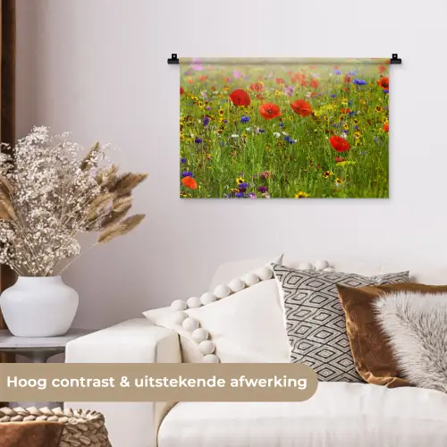 Lente - Bloemen - Rood - Klaproos - Gras - Groen Wandkleed katoen klein -sfeer1