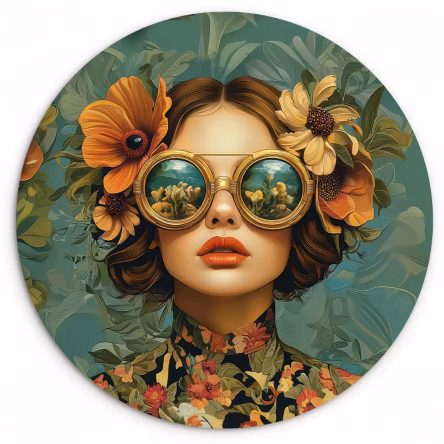 Forexbild Rund - Frau - Blumen - Schmetterlinge - Natur - Vintage