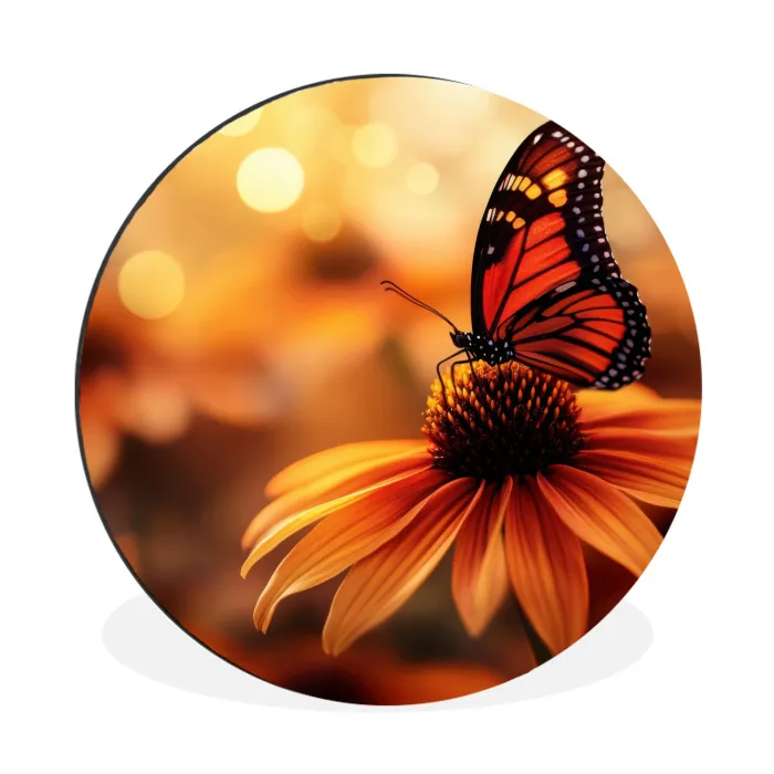 Vlinder - Bloemen - Oranje Wandcirkel aluminium klein -3d