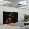 Stilleven - Tomaten - Basilicum - Schilderij - Groente - Zwart keuken achterwand spatscherm klein -3d_schuin