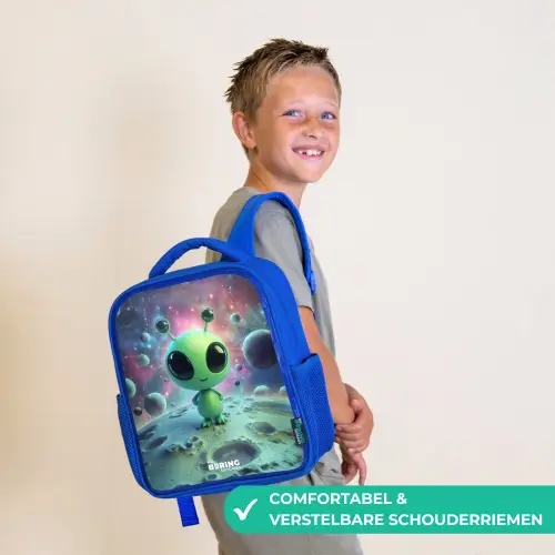 Groen buitenaards wezentje op maanlandschap Kinderrugzak - Blauw middel -sfeer3_NL