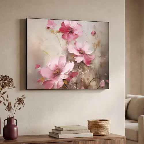 Bloemen - Roze - Kunst - Watercolor Textielframe zwart klein -sfeer3