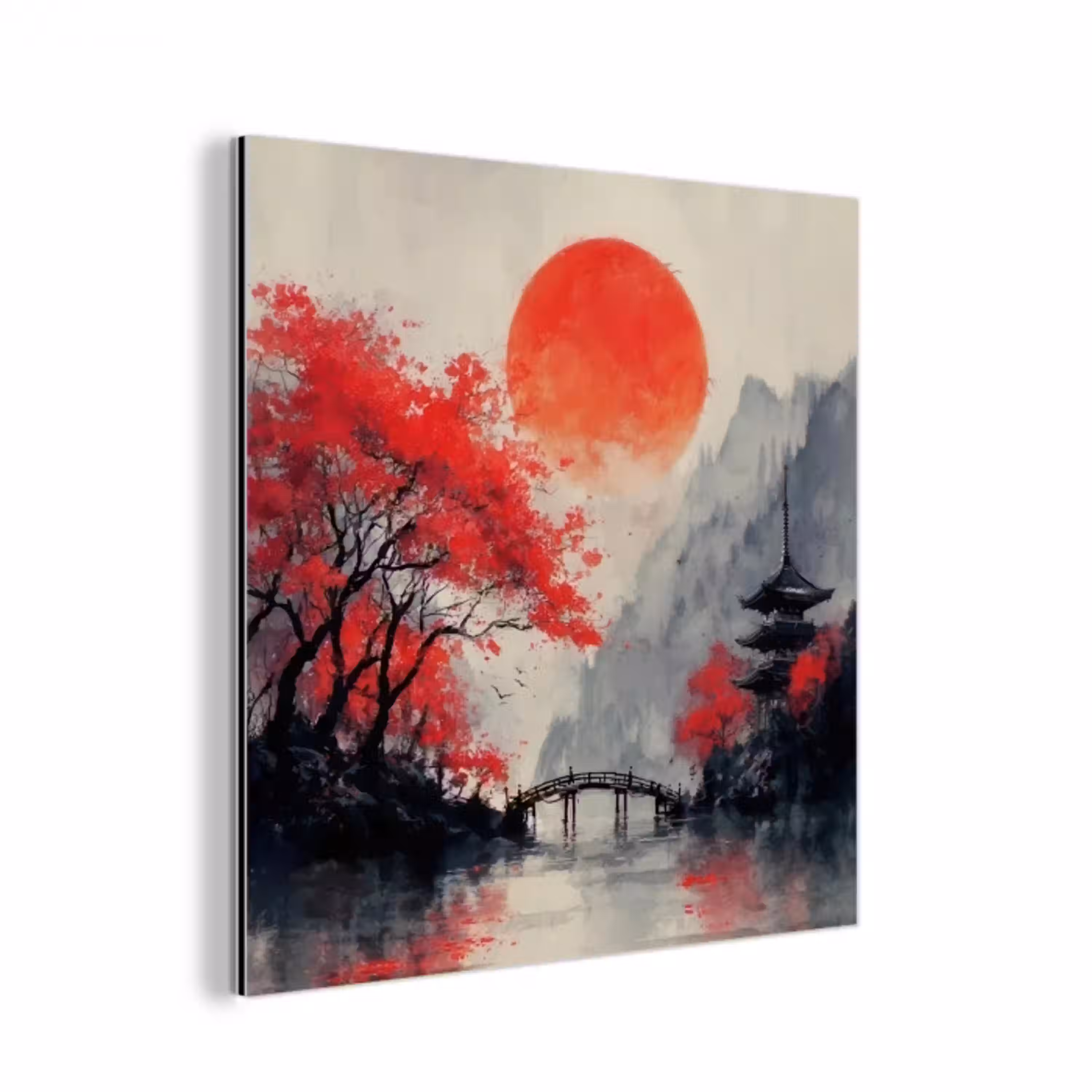 Rode zon - Rivier - brug - Bomen aluminium wit klein -3d