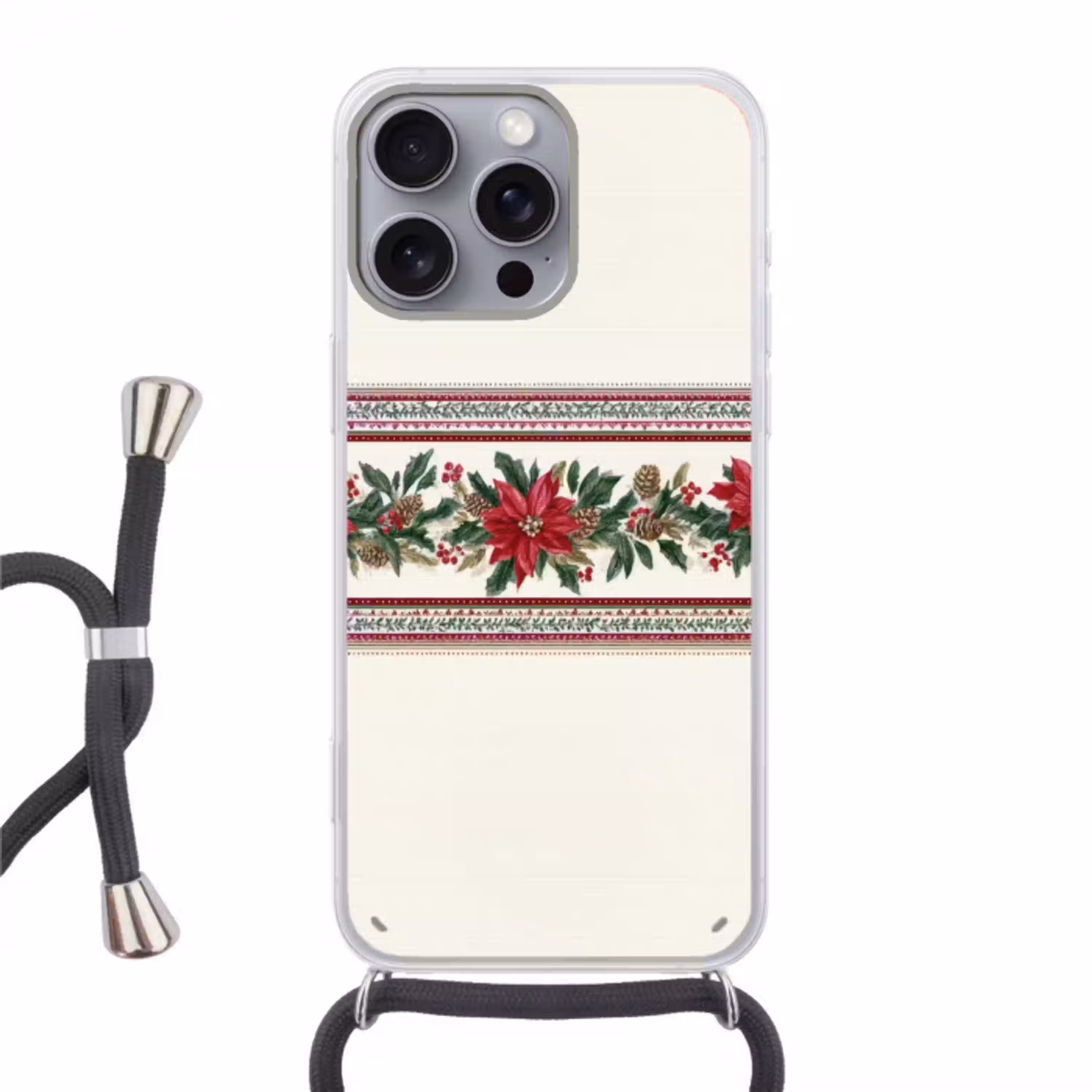Kerststrook - Poinsettia - Rood - Groen Hoesje iPhone 16 Pro Max met koord klein -3d