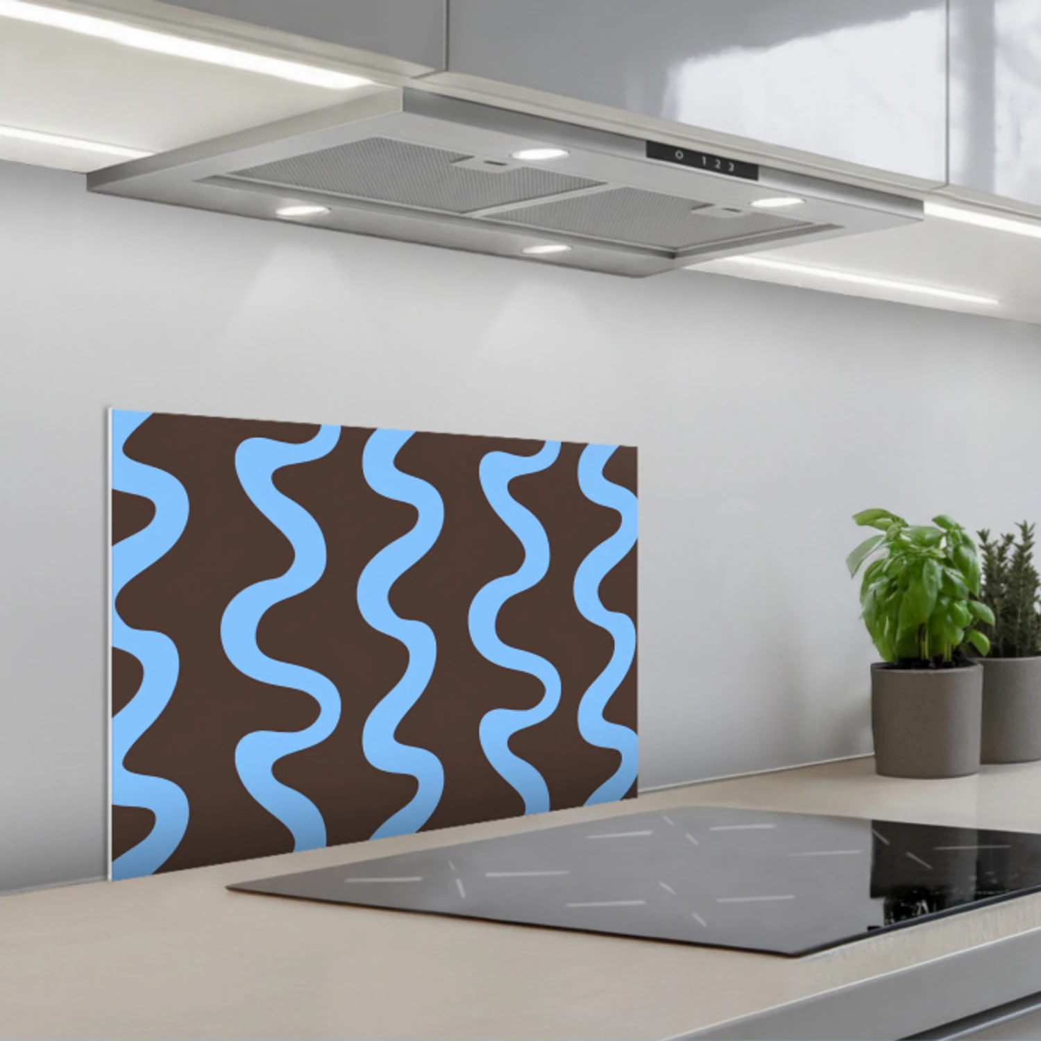 Kronkelende lijnen - Blauw - Bruin - Minimalistisch keuken achterwand spatscherm klein 900 -3d_schuin