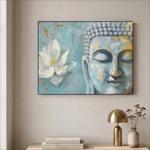 Boeddha - Bloem - Lotus - Goud - Blauw Textielframe - compleet frame klein -sfeer2