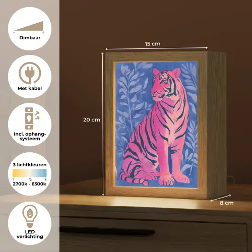 Tijger - Roze - Bladeren - Jungle Light Box met kabel (Tafellamp) klein -USP_NL