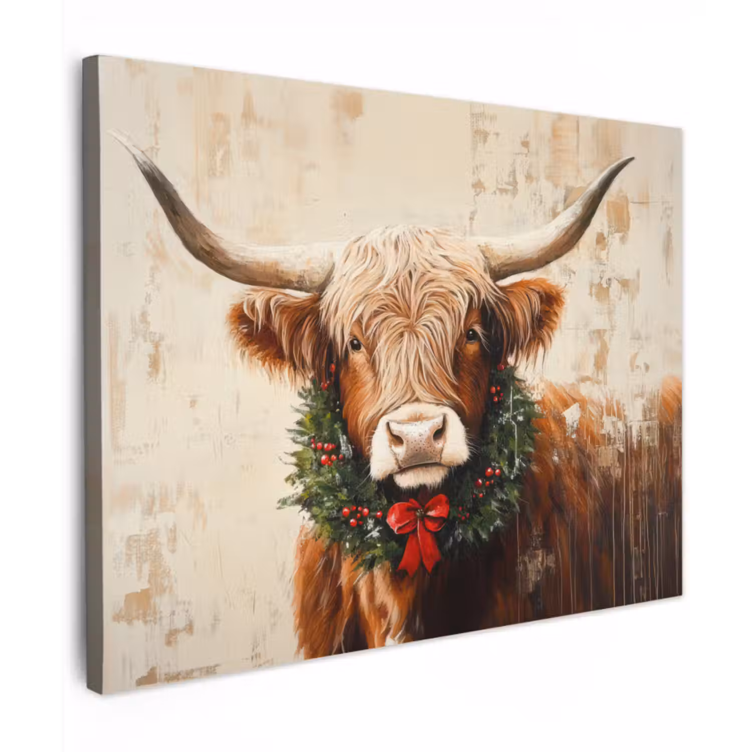 Canvas schilderij - Kerst - Schotse Hooglander - Bruin - Krans