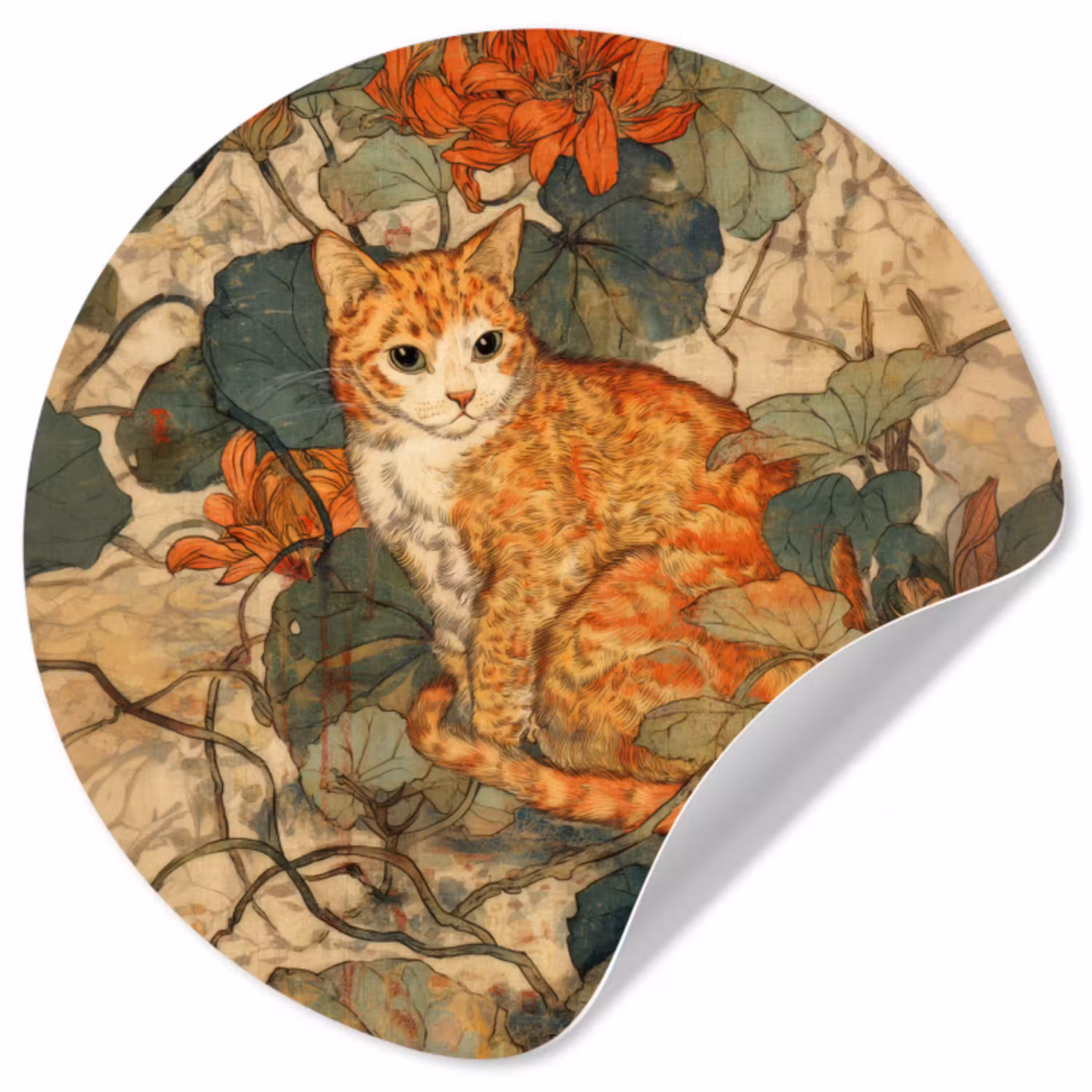 Kat - Sierlijk - Bloemen Wandcirkel behangsticker klein -3d