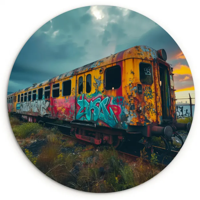 Graffiti - Trein - Street art - Verlaten Wandcirkel kunststof plaat 5mm dik klein -3d