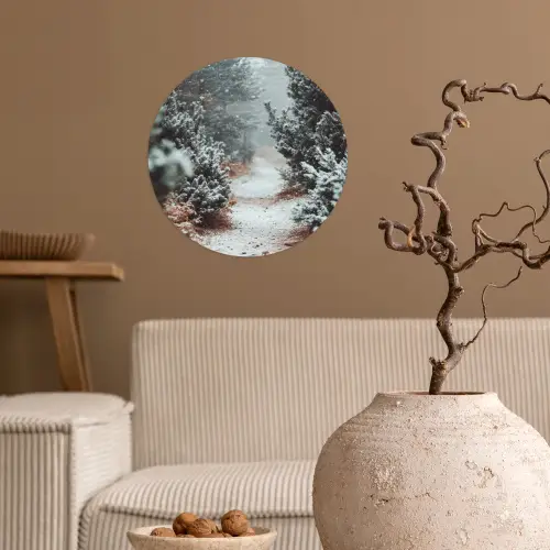 Bos - Winter - Bomen - Natuur - Pad - Sneeuw Wandcirkel behangsticker klein -sfeer1