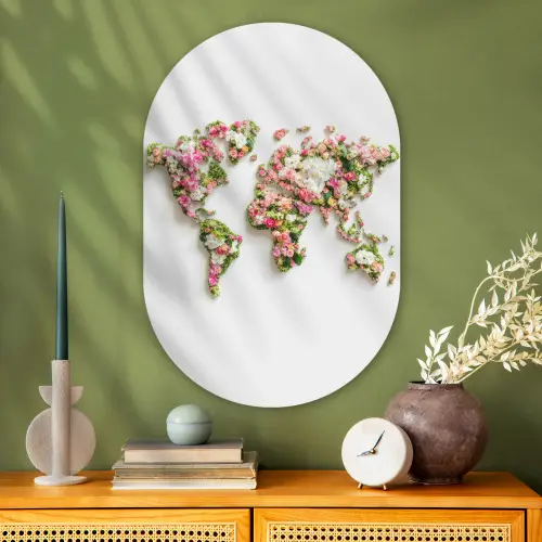 Wereldkaart - Bloemen - Subtiel Wandcirkel Ovaal Glas middel -sfeer2