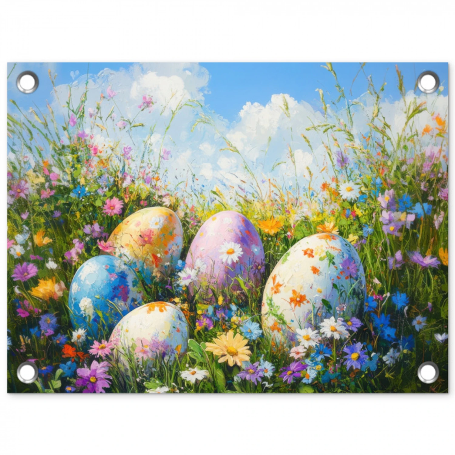 Grasveld - Eieren - Bloemen tuinposter los doek klein -3d