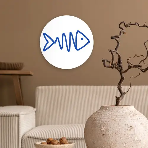 Vis - Minimalistisch - Blauw - Lijn Wandcirkel kunststof plaat 5mm dik klein -sfeer1