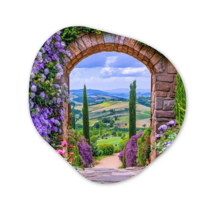 Doorkijk - Toscane - Landschap - Poort Wandcirkel Organisch Plexiglas middel -3d