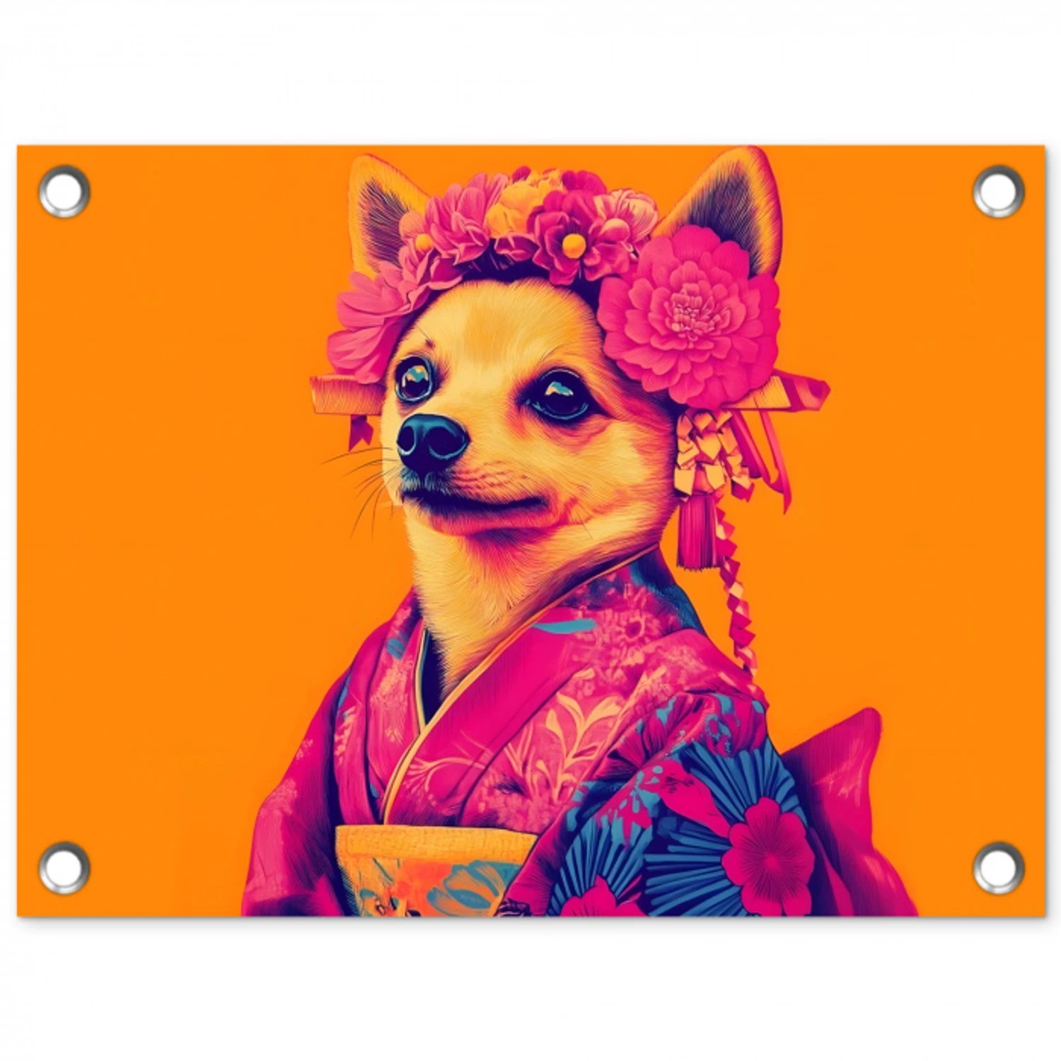 Kimono - Hondje - Bloemenkroon - Oranje tuinposter los doek klein -3d