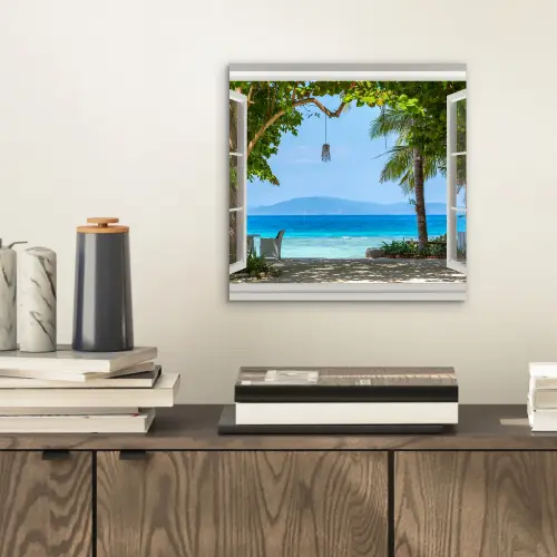 Doorkijk - Boom - Zee - Palmboom - Heuvels - Strand - Blauw aluminium wit klein -sfeer1
