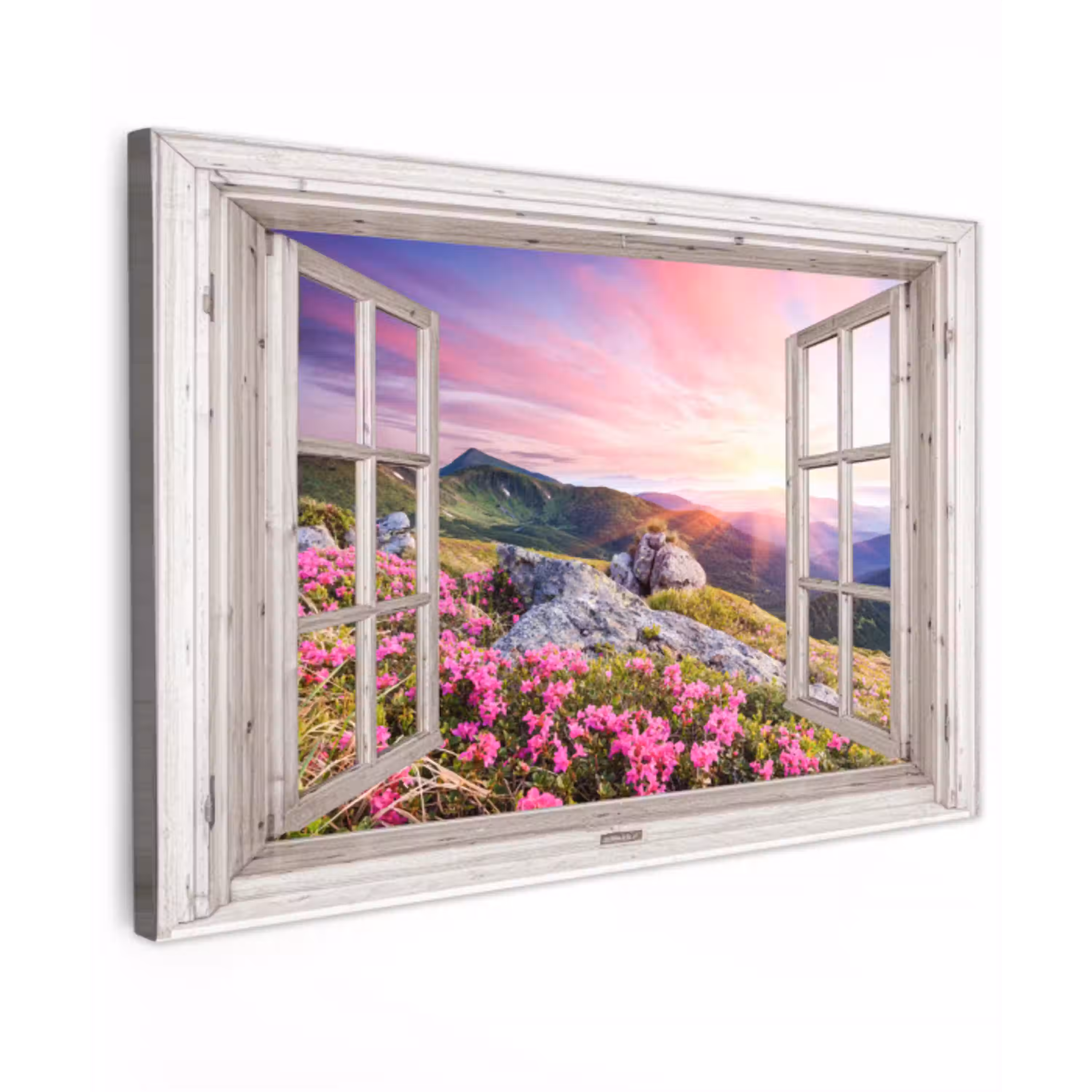 Bergen - Landschap - Doorkijk - Bloemen - Avond - Roze Tuinposter op houten frame 2 cm dik klein -3d