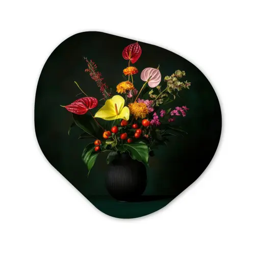 Bloemen - Vaas - Zwart Wandcirkel Organisch Forex 3mm klein -3d