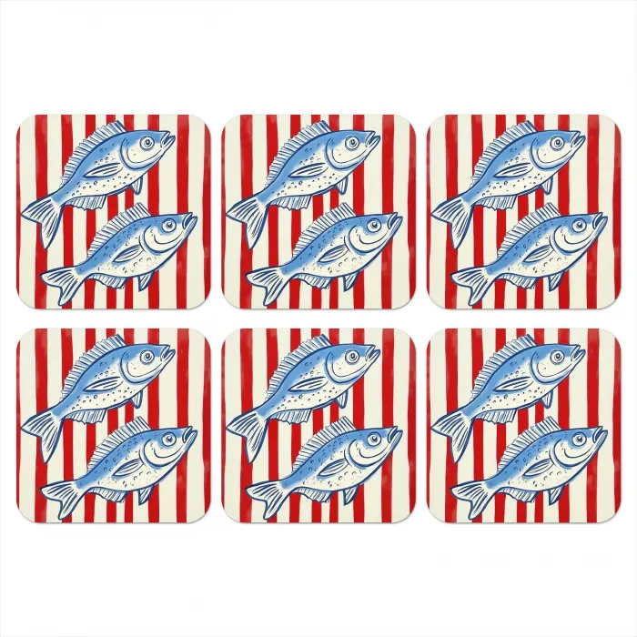Vissen - Verticale strepen - Blauw - Rood onderzetter kurk middel -3d