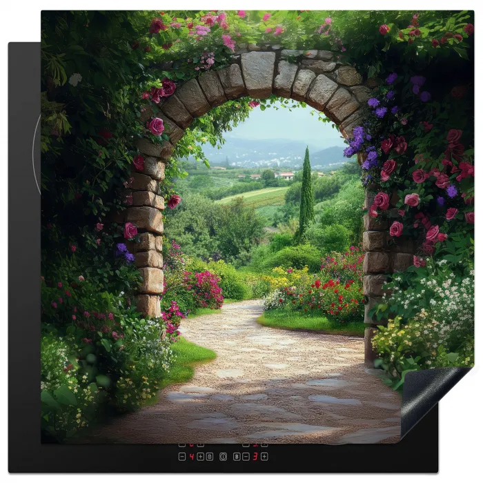 Doorkijk - Landschap - Bloemen - Pad - Uitzicht Inductie beschermer vinyl 3mm middel -3d