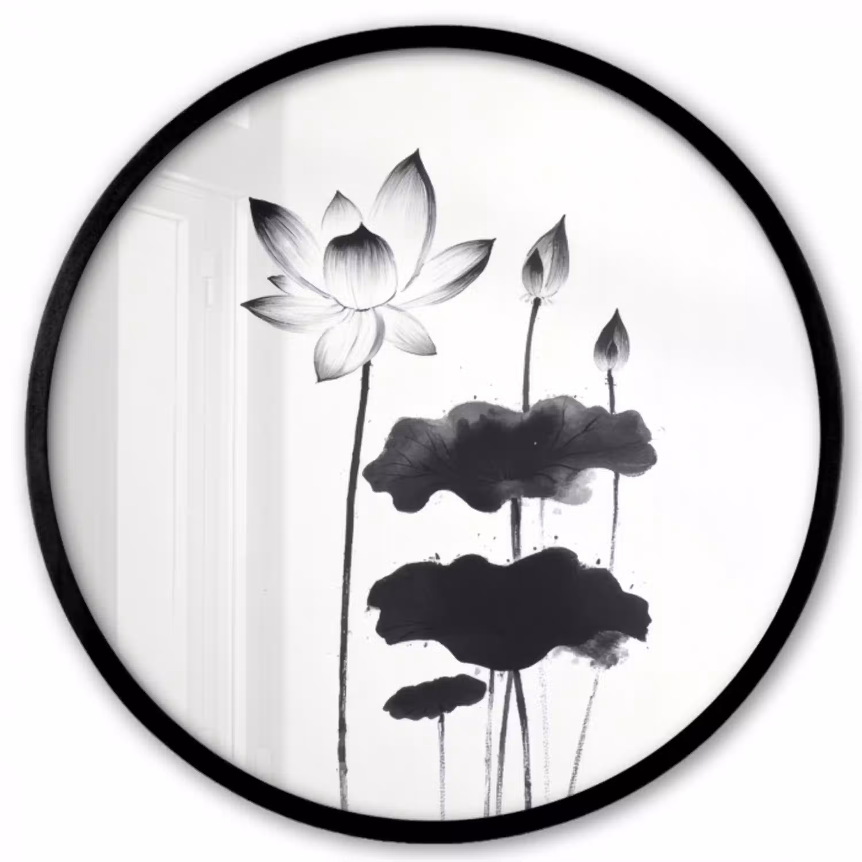 Bladeren - Zwart - Lotusbloem - Minimalitisch Fotolijst rond zonder passe partout klein -3d