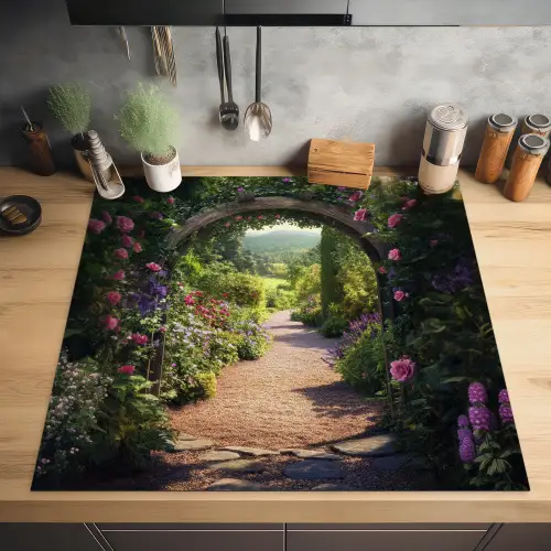 Doorkijk - Bloemen - Natuur - Rozenboog Inductie beschermer vinyl 3mm middel -sfeer5