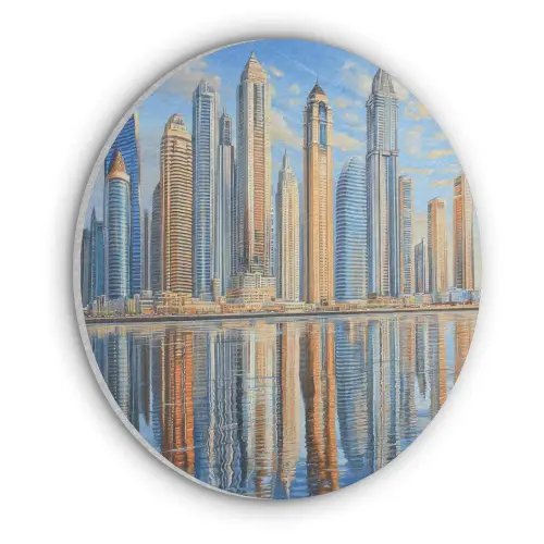 Skyline - Wolkenkrabbers - Water - Blauw Akoestische PET Vilt - Rond klein -3d