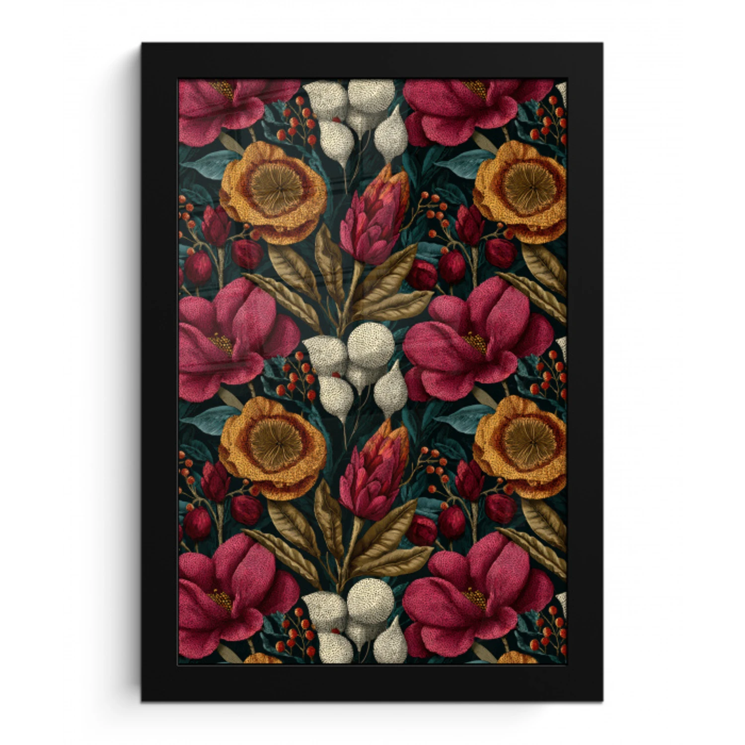 Bloemen - Patroon - Rood - Goud fotolijst zwart zonder passe partout klein 224 -3d