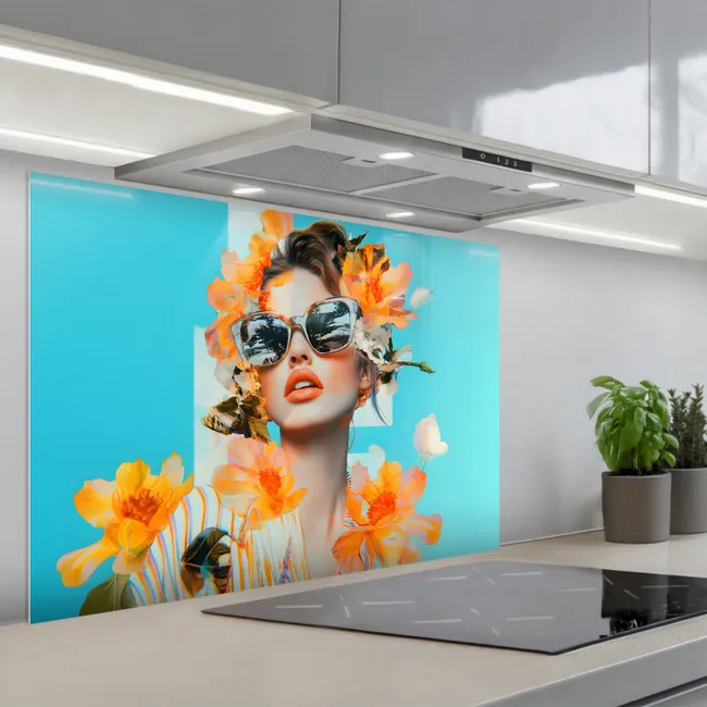 Spritzschutz Küche - Blumen - Frau - Sonnenbrille - Blau