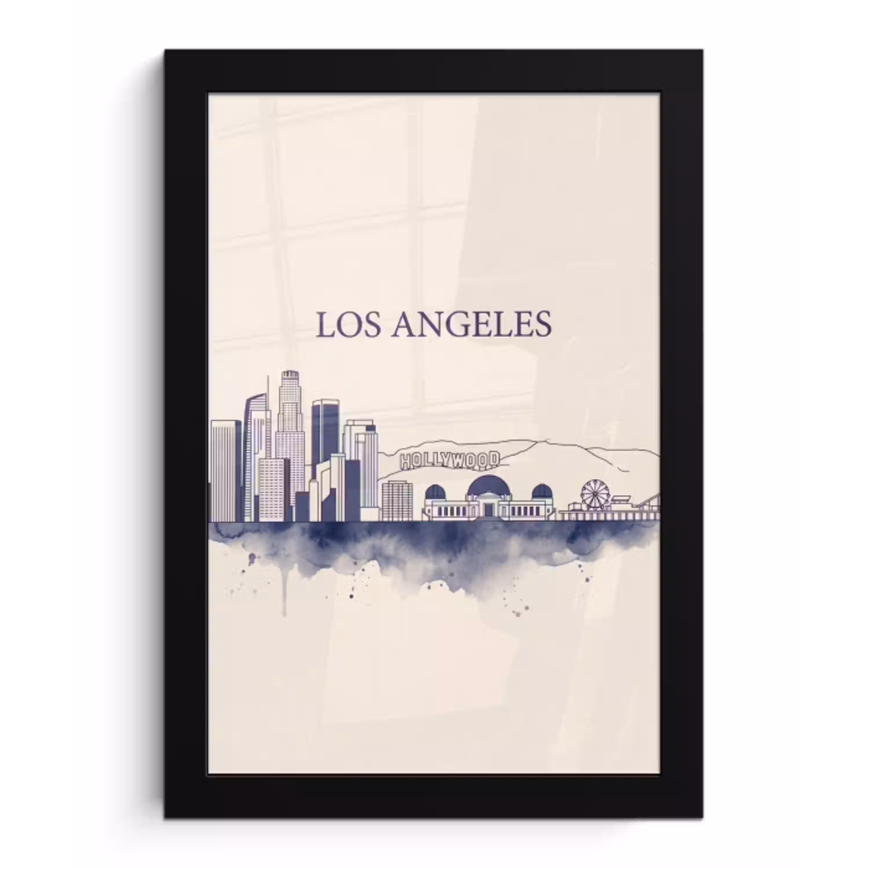 Los Angeles - Skyline - Architectuur - Aquarel - Blauw fotolijst zwart zonder passe partout klein -3d