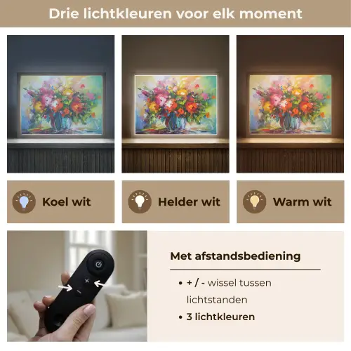 Bloemen - Kleurrijk - Bloempot - Olieverf Light Box met batterij (Wandlamp) middel -USP_lichtkleurNL