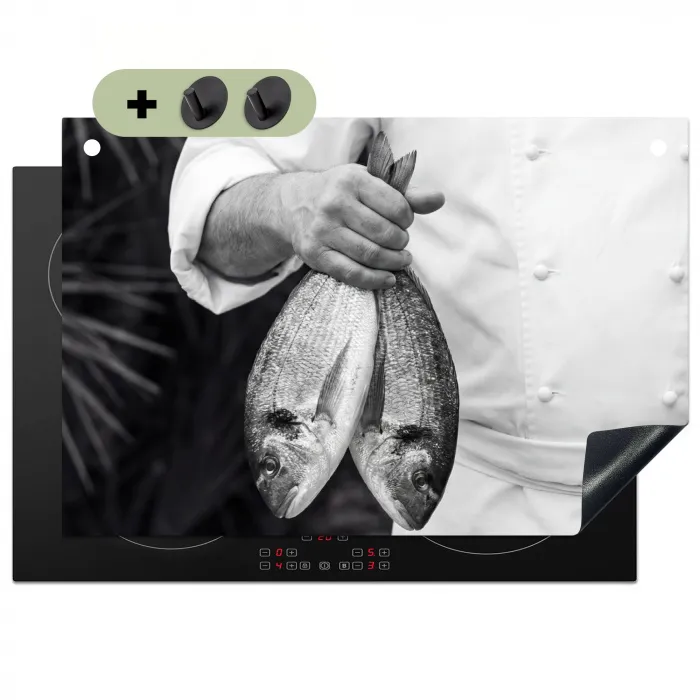 Vissen - Chef - Zwart - Wit Inductie beschemer met haakjes klein -3d