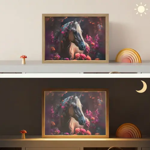 Paard - Bloemen - Paars - Oranje - Dieren Light Box met batterij (Wandlamp kind) middel -sfeer3_kind