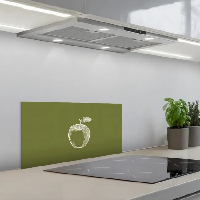 Lijntekening - Appel - Olijfgroen - Blaadje keuken achterwand spatscherm klein -3d_schuin