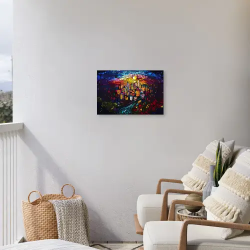 Stad - Maan - Mozaïek - Kleurrijk Tuinposter op houten frame 2 cm dik klein -sfeer1